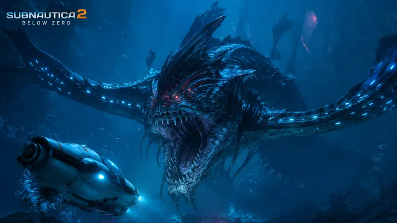 Subnautica 2 leviathan encounter — massive horned creature with red eyes and blue bioluminescent dots looming over a small submersible in deep water