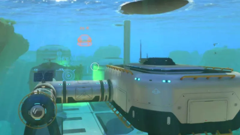 Subnautica 2 underwater base at shallow depth — modular habitat with Tadpole vehicle docked, Coral Gardens biome