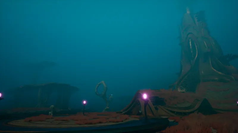 Subnautica 2 Overgrown Ruins — alien architecture overgrown with red coral and bioluminescent pink flowers, teal water