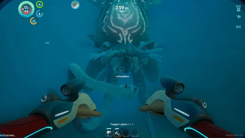 Subnautica 2 giant creature encounter at 239m — multiple-eyed leviathan with bioluminescent patterns in Plateaus area