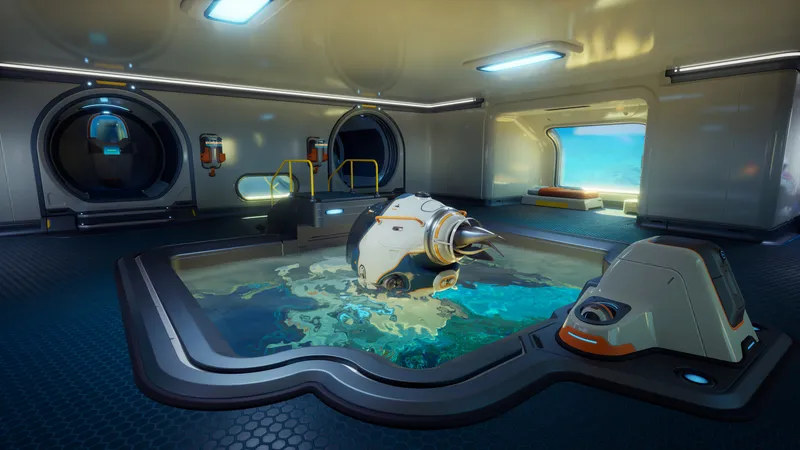 Subnautica 2 underwater landscape — deep ocean terrain with coral formations and sunlight rays piercing the water
