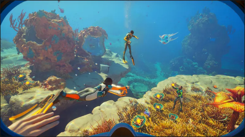 Subnautica 2 deep ocean scene — giant underwater structure in bioluminescent twilight zone